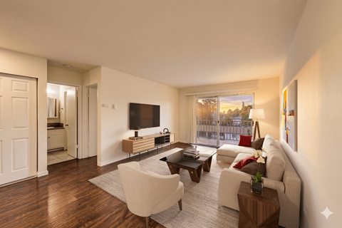 A living room with a white couch and a television.