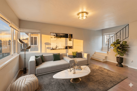 A living room with a grey couch and a white coffee table.