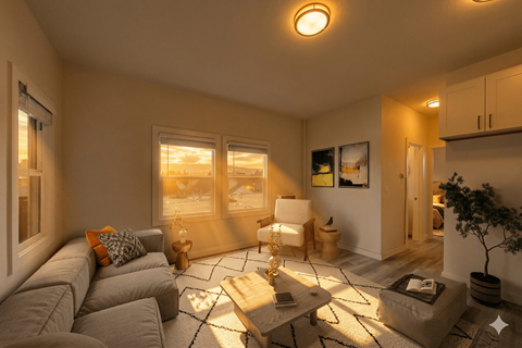 A living room with a grey couch and a coffee table.