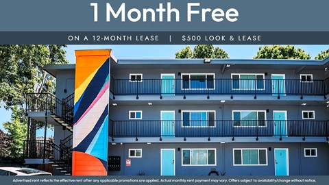 A building with a sign that says "1 Month Free on a 12-month lease | $500 look & lease".