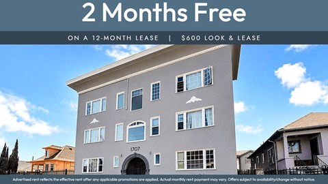 A building with a sign offering 2 months free on a 12-month lease.