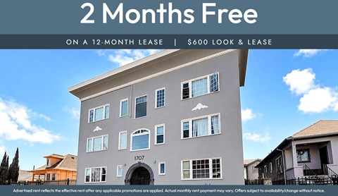 A building with a sign that says "2 Months Free on a 12-Month Lease | $600 Look & Lease".
