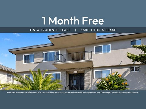 A building with a sign that says "1 Month Free on a 12-month lease | $600 look & lease".