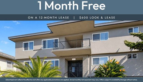 A building with a sign that says "1 Month Free on a 12-Month Lease | $600 Look & Lease".