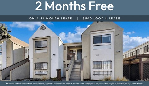 Two white houses with the text "2 Months Free on a 14-month lease | $500 look & lease" above them.