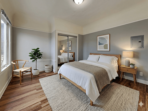 A bedroom with a large bed and a chair.