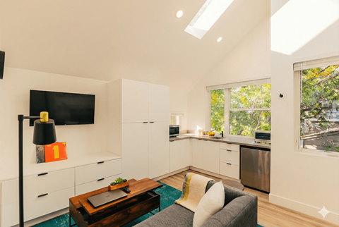 A modern kitchen with white cabinets and a flat screen TV mounted on the wall.