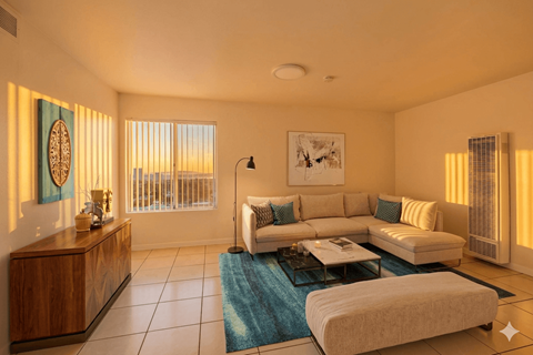 A living room with a white couch and a wooden cabinet.