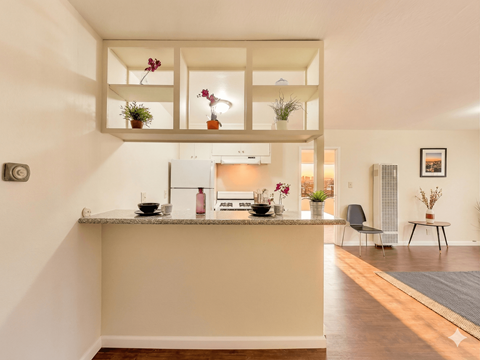 A kitchen with a counter and a chair.