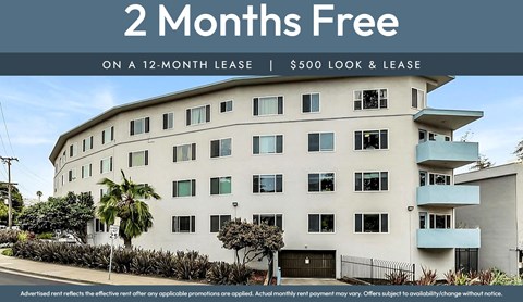 A building with a sign offering 2 months free on a 12-month lease.