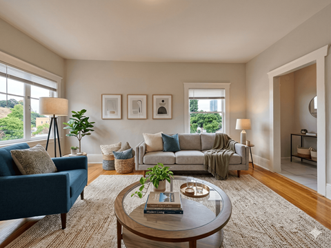 A living room with a blue couch, a grey sofa, a coffee table, and pictures on the wall.