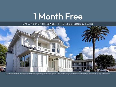A white two-story house with a balcony and a palm tree in front.