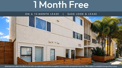 A building with the text "1 Month Free on a 12-month lease | $600 Look & Lease" displayed on it.