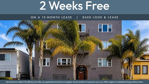 A building with a sign offering a 2 weeks free on a 12-month lease.