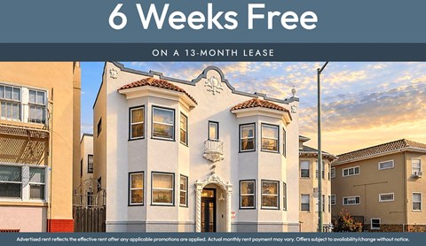 A building with the text "6 Weeks Free on a 13-month lease" in front of it.