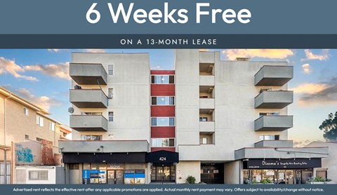 An apartment complex advertises a 6 weeks free offer on a 13-month lease.
