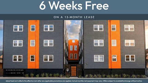 A building advertises a 6 weeks free offer on a 13-month lease.