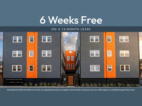 A building advertises a 6 weeks free offer on a 13-month lease.
