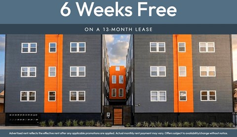 A building with the text "6 Weeks Free on a 13-month lease" in front of it.
