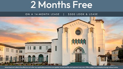 A white building with a large arched doorway and a balcony is advertised as having 2 months free on a 14-month lease.