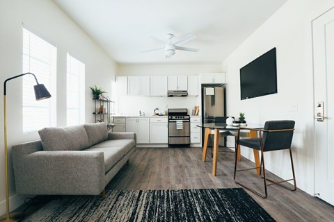A modern kitchen and living room with a grey sofa and a black chair.
