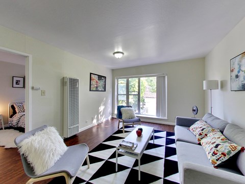 A black and white checkered rug is on the floor of a living room.