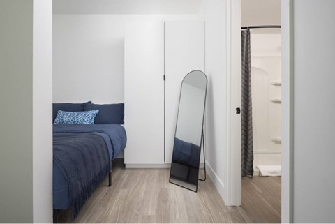 A bedroom with a bed, mirror, and a dresser.