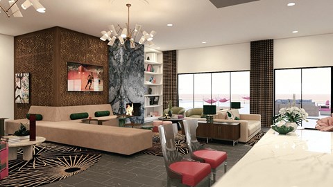 A modern living room with a fireplace and a large painting on the wall.