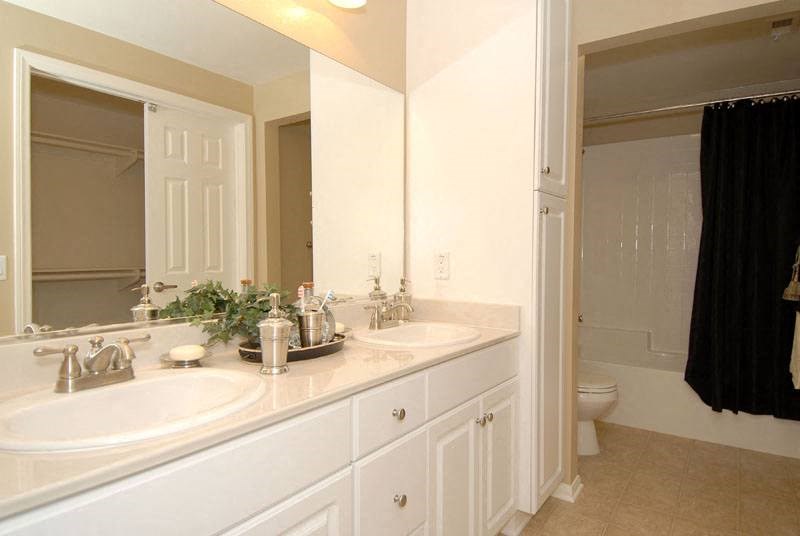 Double vanities in bathroom with large mirror