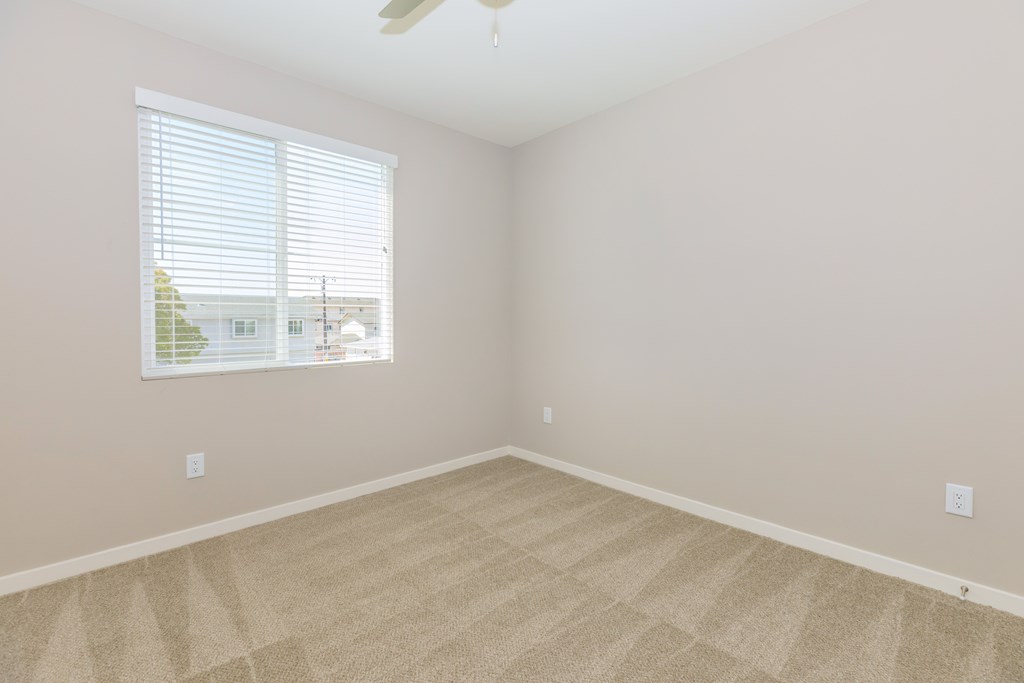 an empty room with carpet and a window