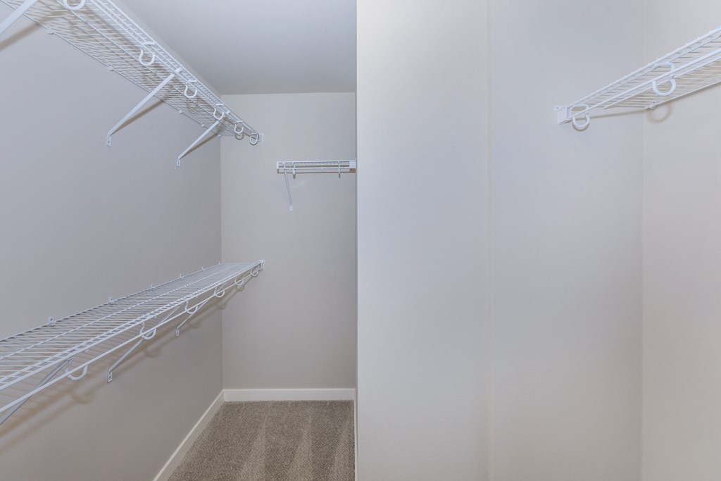 a spacious closet with two hanging rails and two racks on the wall