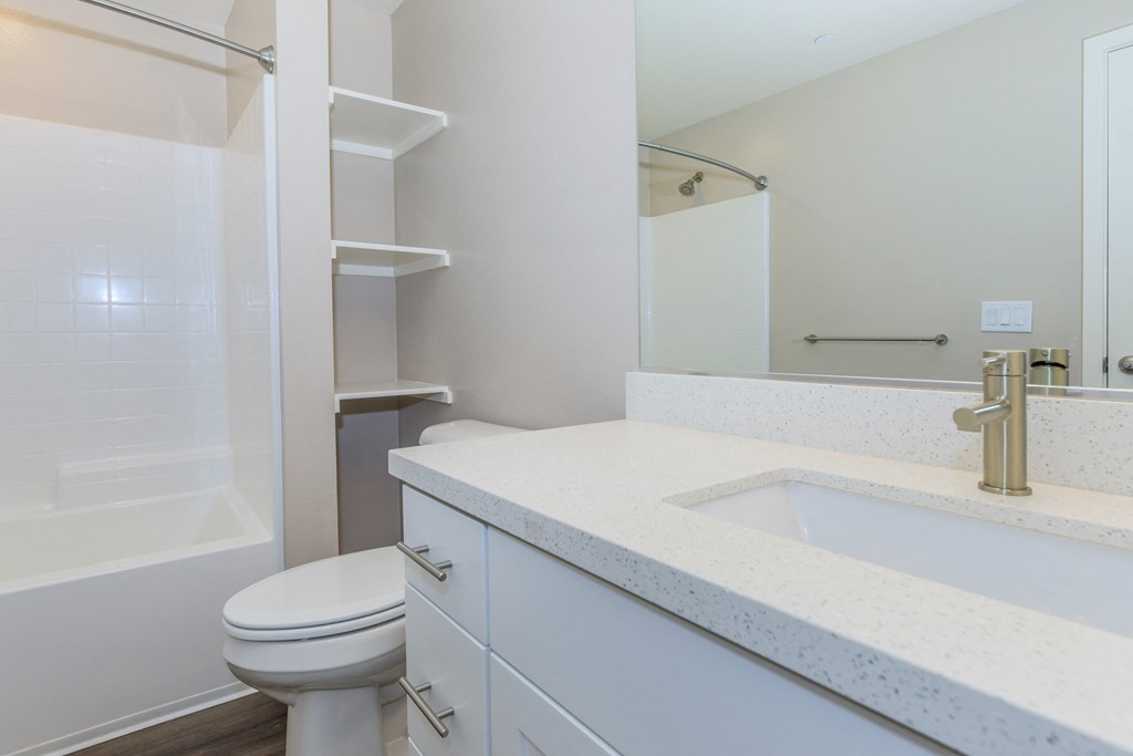 a bathroom with a sink and a toilet and a shower