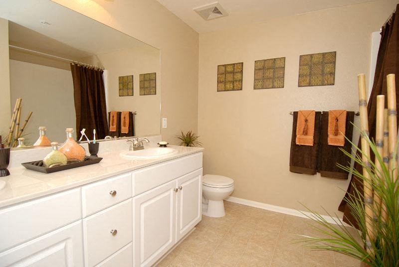 Bathroom with white cabinets and sink with a large mirror