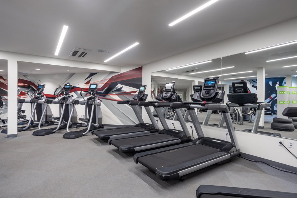 a gym with treadmills and weights in a building