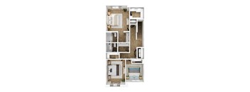 A top-down view of a small apartment layout with a bedroom, living room, and kitchen.