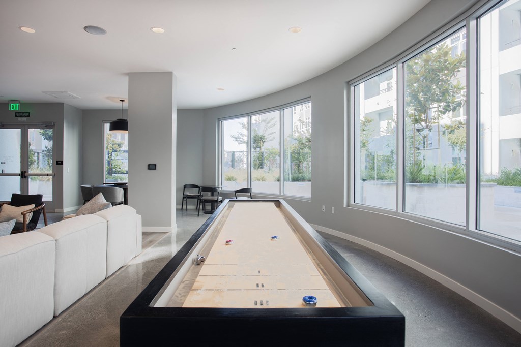 a shuffleboard table in the center of a living room with large windows