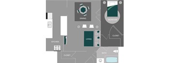 a floor plan of a studio apartment with a bedroom and a living room