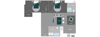 a stylized floor plan of a 1 bedroom apartment