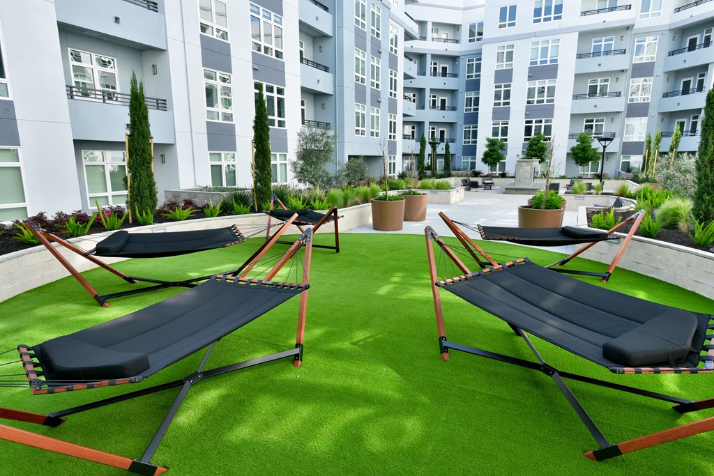 an image of the hammocks on the lawn of an apartment building