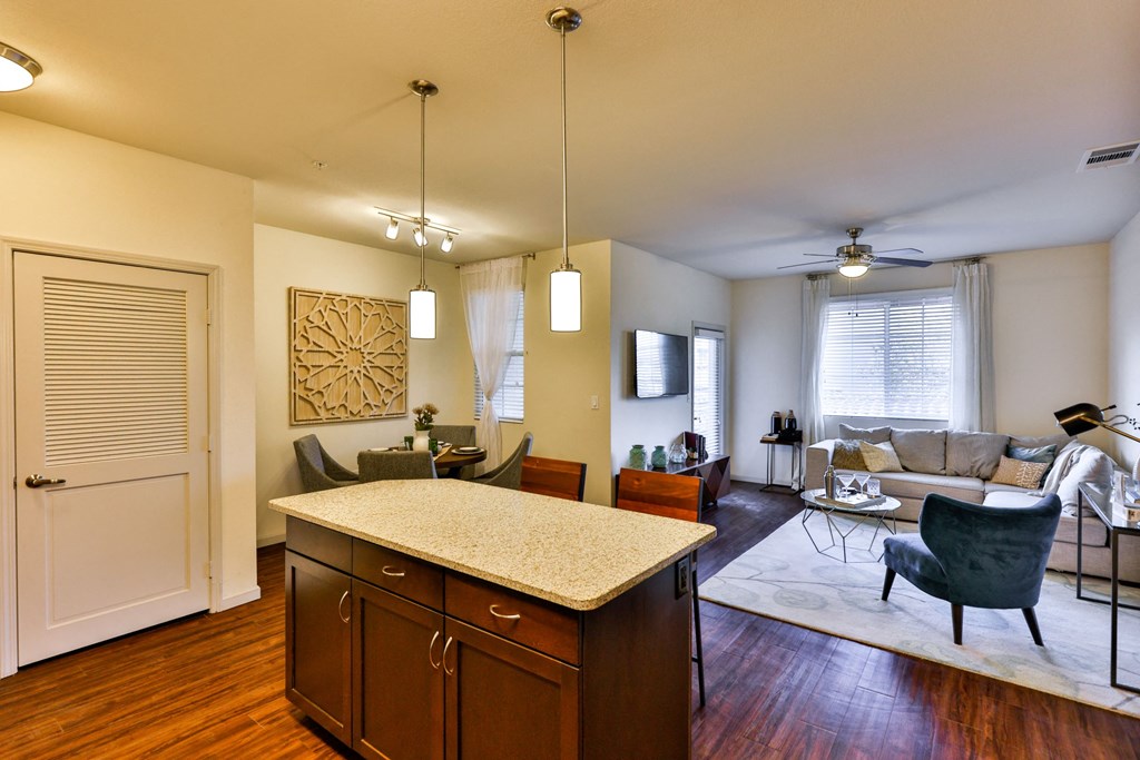 furnished living room with island counter