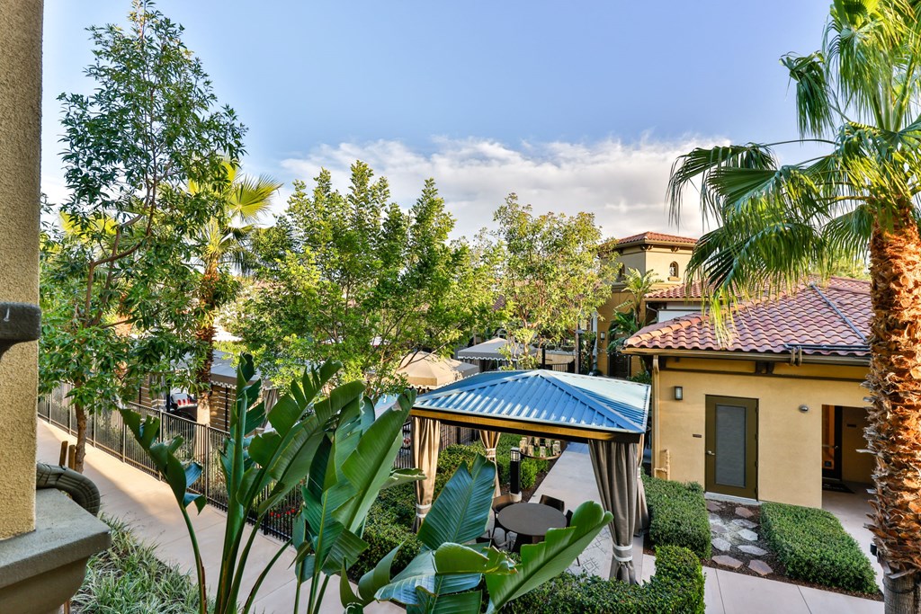 lush landscaping with outdoor pavilion