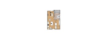A floor plan of a house with a kitchen, living room, dining room, and two bedrooms.