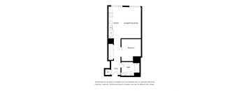 A floor plan of a small apartment with a kitchen, living room, bedroom, and bathroom.