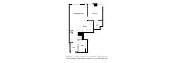 A floor plan of a small apartment with a living/dining room, kitchen, bath, and bedroom.