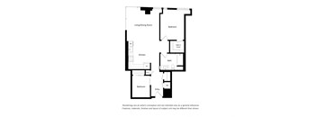 A black and white drawing of a house layout with a living/dining room, kitchen, two bathrooms, and two bedrooms.