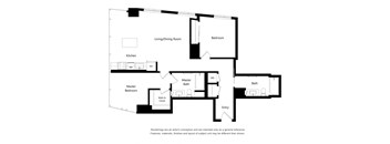 A black and white floor plan of a house with a living room, kitchen, two bedrooms, and a bathroom.