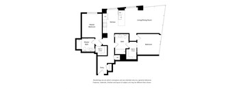 A black and white drawing of a house layout with a living/dining room, kitchen, two bathrooms, two bedrooms, a walk-in closet, and an entry.