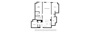 A black and white drawing of a house layout with a living room, dining room, kitchen, and two bedrooms.