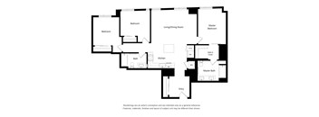A floor plan of a house with two bedrooms, a living/dining room, a kitchen, a master bedroom with an ensuite, a master bath, and an entry.
