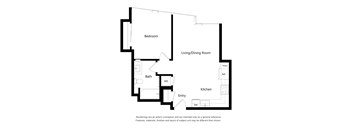 A floor plan of a house with a bedroom, living/dining room, kitchen, bath, pantry, and entry.